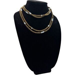 Multi Strand Gold Tone & Light Blue Beaded Necklace Long Layered Statement Boho